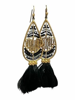 Stella & Dot Gold and Black Beaded Teardrop Tassel Earrings